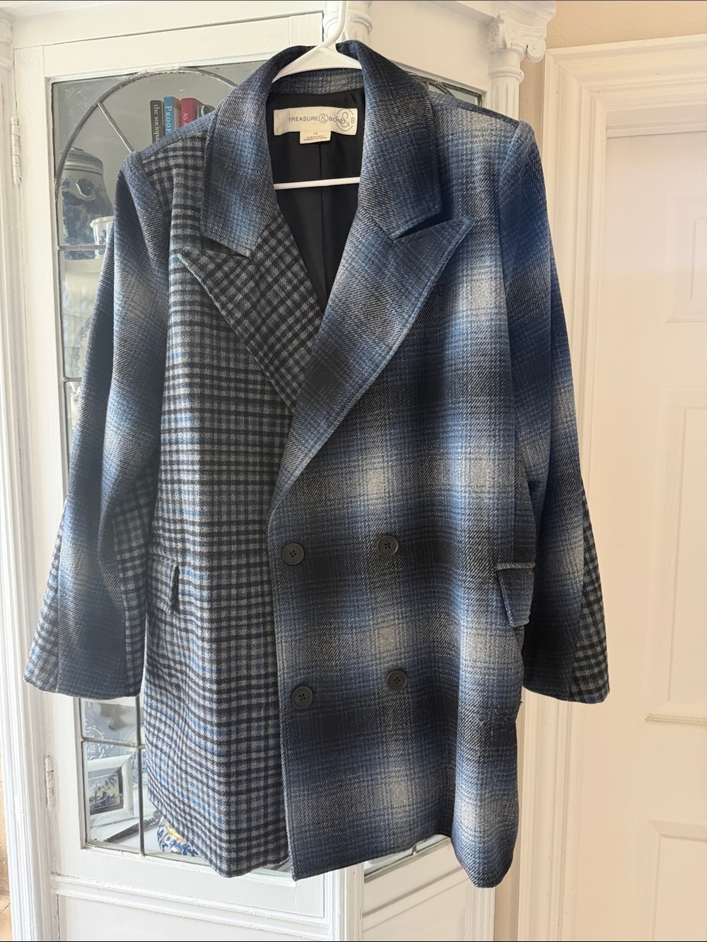 Treasure & Bond Blue and Gray Plaid Double-Breasted Pea Coat Sz 1X